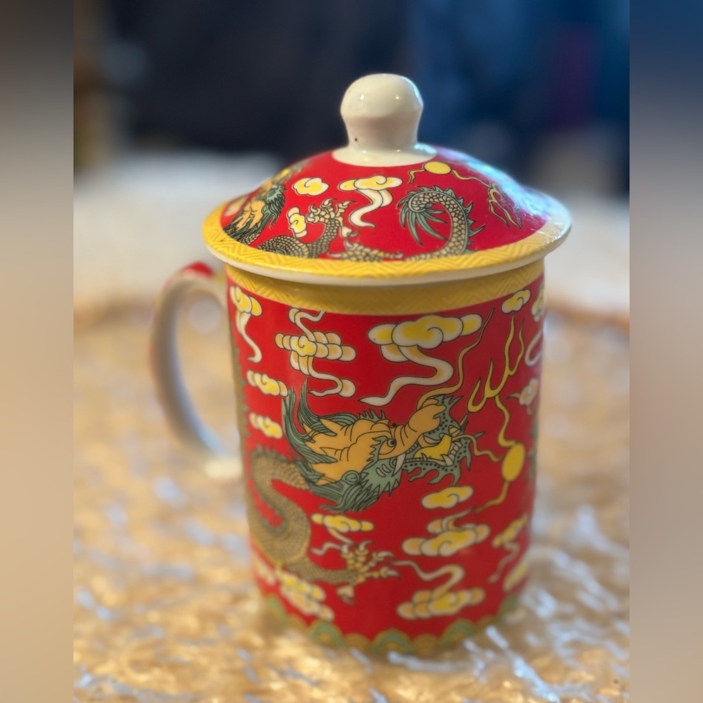Vintage Chinese Red Dragon Lidded Mug • Porcelain •Symbol of Power & Prosperity